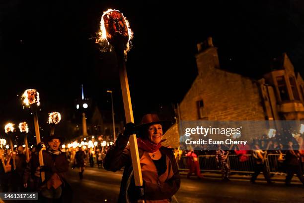 Female guizer a first for the festival during the evening procession of Up Helly Aa 2023 on January 31, 2023 in Lerwick, Scotland. Guizer Jarl Neil...