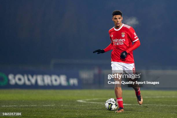 Alexander Bah of SL Benfica in action during the Liga Portugal Bwin match between FC Arouca and SL Benfica at Arouca Municipal Stadium on January 31,...