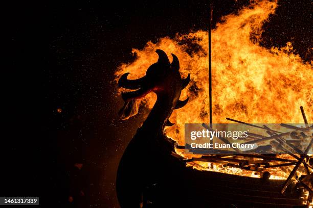 The galley is burned to mark the end of the procession during the evening procession of Up Helly Aa 2023 on January 31, 2023 in Lerwick, Scotland....