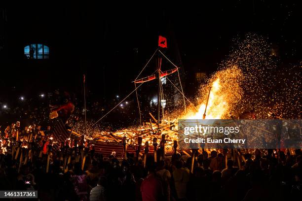 The galley is burned to mark the end of the procession during the evening procession of Up Helly Aa 2023 on January 31, 2023 in Lerwick, Scotland....