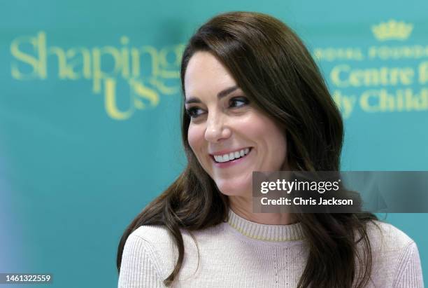 Catherine, Princess of Wales chats with students on the Childhood Studies BA at the University of Leeds on January 31, 2023 in Leeds, England. The...