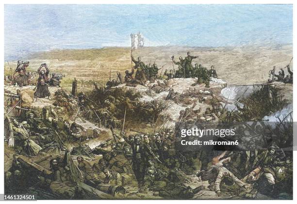 old engraved illustration of the battle of malakoff, a french attack against russian forces on the malakoff redoubt and its subsequent capture on 8 september 1855 as a part of the siege of sevastopol during the crimean war - sevastopol crimea stockfoto's en -beelden