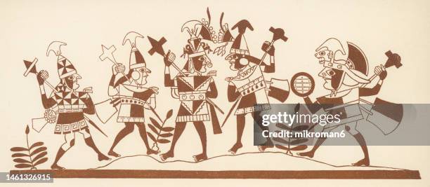 old engraved illustration of peruvian warriors of the inca period - inca stockfoto's en -beelden