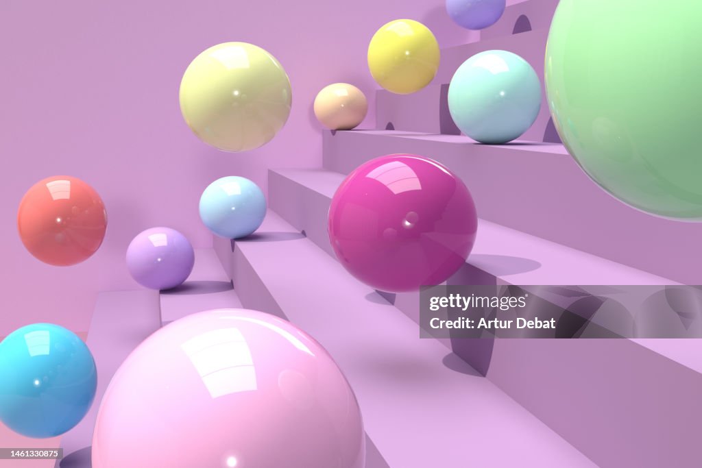 3D render of a colorful balls in studio shot rolling down in stairs.