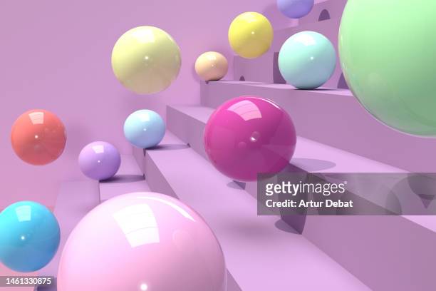 3D render of a colorful balls in studio shot rolling down in stairs.