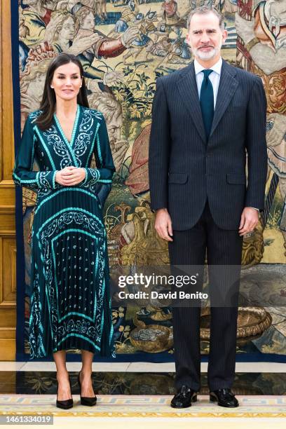 King Felipe VI of Spain and Queen Letizia of Spain attend audiences at Zarzuela Palace on February 01, 2023 in Madrid, Spain.