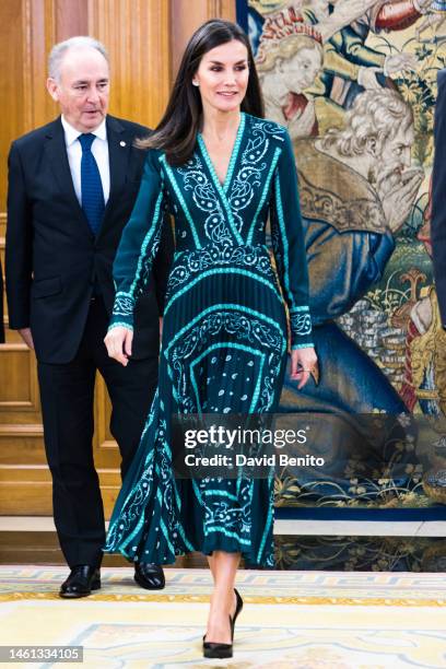 Queen Letizia of Spain attend audiences at Zarzuela Palace on February 01, 2023 in Madrid, Spain.