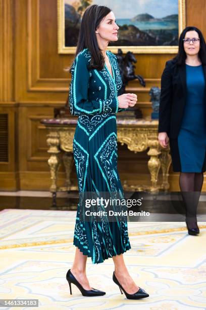 Queen Letizia of Spain attends Spanish Royals attend several audiences at Zarzuela Palace on February 01, 2023 in Madrid, Spain.