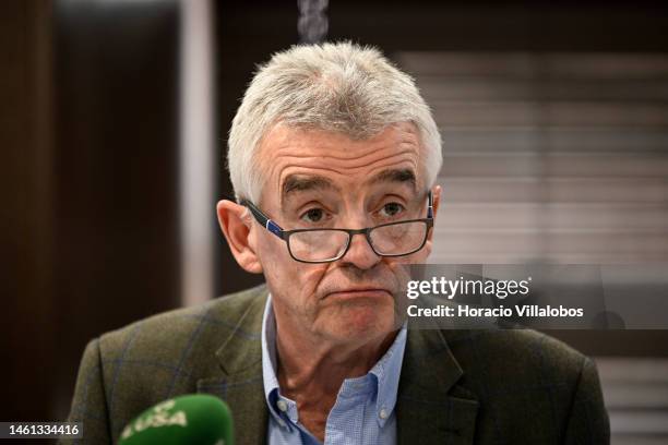 Ryanair Group CEO Michael O'Leary delivers remarks during a press conference on February 01, 2023 in Lisbon, Portugal. Ryanair announced more routes...