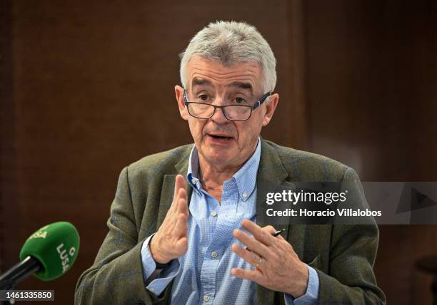 Ryanair Group CEO Michael O'Leary delivers remarks during a press conference on February 01, 2023 in Lisbon, Portugal. Ryanair announced more routes...