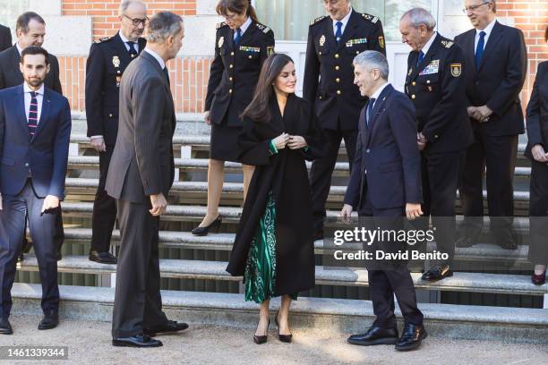 King Felipe VI of Spain, Queen Letizia of Spain and Fernando Grande-Marlaska attend several audiences at Zarzuela Palace on February 01, 2023 in...