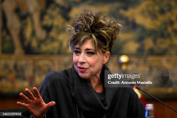 Italian actress Irene Pivetti attends the documentary presentation of "Alle Origini Del Nostro Futuro" at Rai Studios on February 1, 2023 in Rome,...