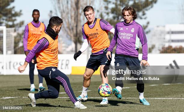 Luka Modric player of Real Madrid is training with teammates Eden Hazard and Toni Kroos at Valdebebas training ground on February 01, 2023 in Madrid,...