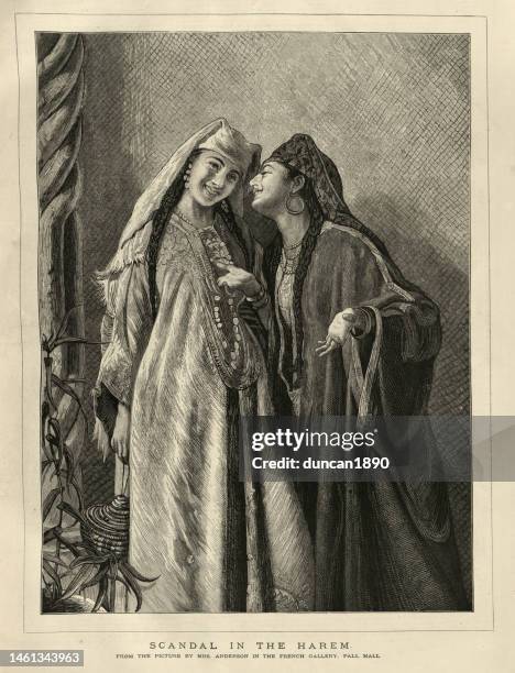 two women in a ottoman harem, gossiping, laughing, scandal, 1877, 19th century victorian orientalism art - turkish people stock illustrations