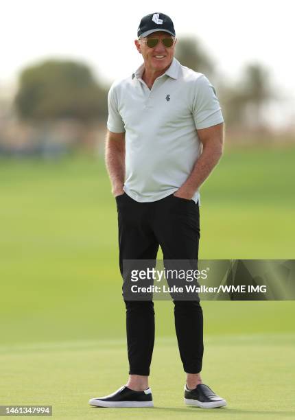 Greg Norman, CEO of LIV Golf Investments looks on during a practice round prior to the PIF Saudi International at Royal Greens Golf & Country Club on...