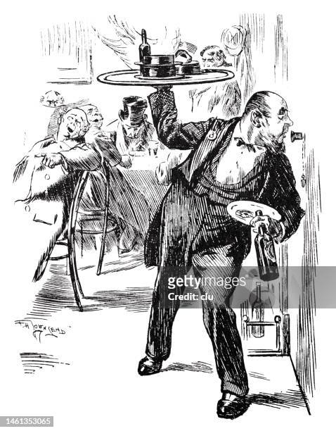 waiter orders with full hands and a tray over his head over an intercom in the kitchen - intercom stock illustrations
