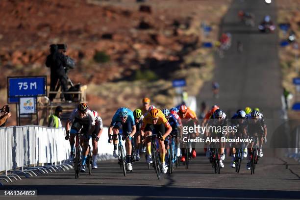 General view of Soren Waerenskjold of Norway and Uno-X Pro Cycling Team, Jonathan Milan of Italy and Team Bahrain Victorious - White best young...