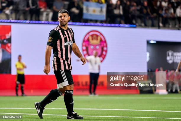 Sergio Aguero of Kunisports looks on during round three of the Kings League Infojobs match between Kunisports and Porcinos FC at Cupra Arena on...