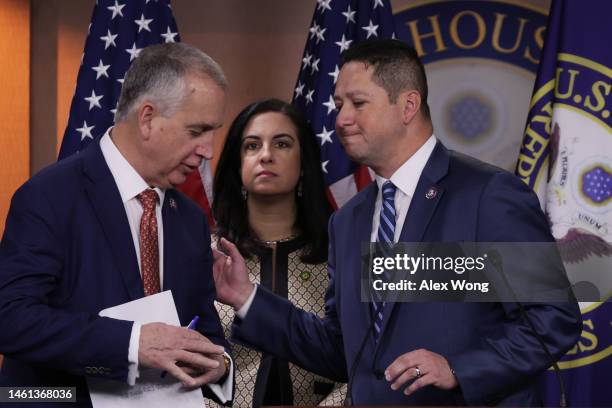 Co-chairs of the Congressional Hispanic Conference , Rep. Mario Diaz-Balart and Rep. Tony Gonzales share a moment during a news conference at the...