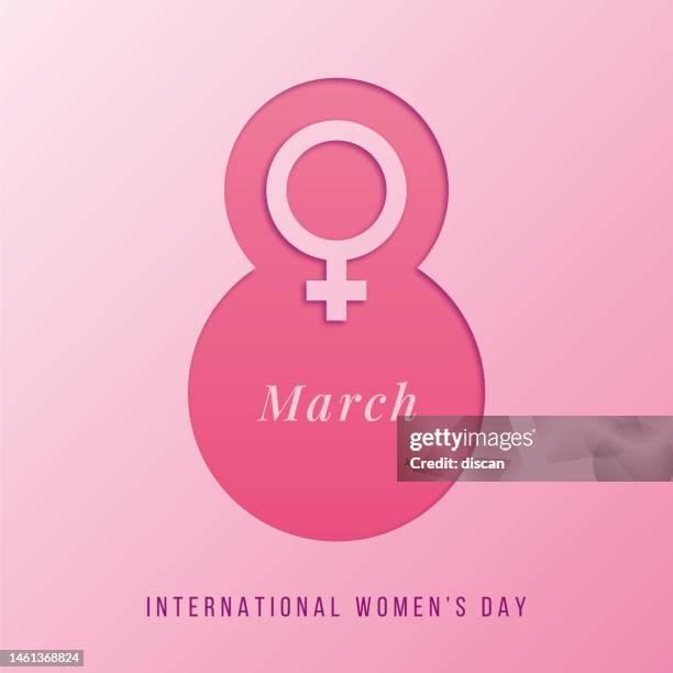 ilustraciones, imágenes clip art, dibujos animados e iconos de stock de símbolo del 8 de marzo en estilo papel cortado con sombras. día internacional de la mujer fondo rosa. - marzo
