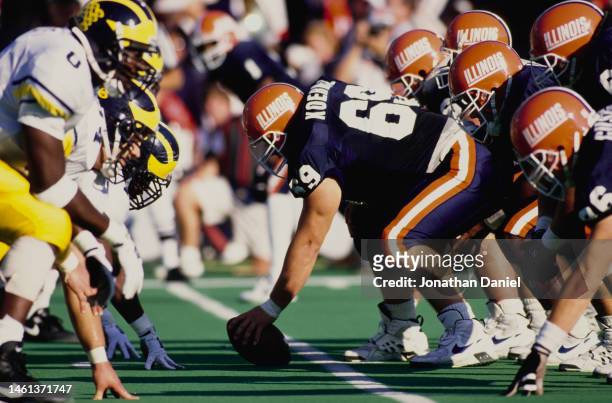 Chris Koerwitz, Guard for the University of Illinois Fighting Illini prepares to snap the football on the line of scrimmage during the NCAA Big Ten...