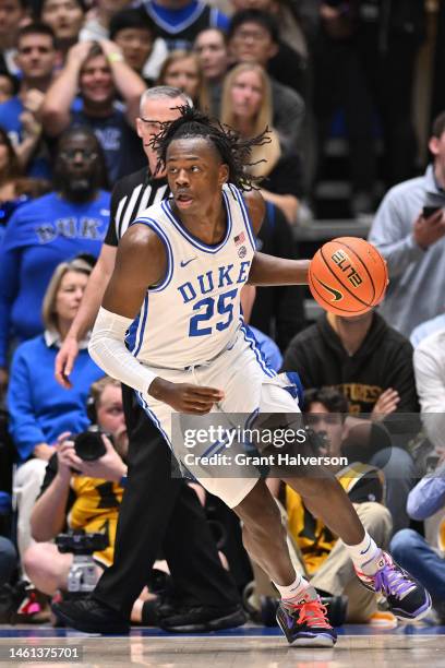 Mark Mitchell of the Duke Blue Devils moves the ball against the Wake Forest Demon Deacons during their game at Cameron Indoor Stadium on January 31,...