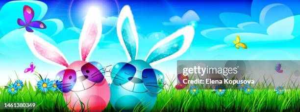 happy easter! anthropomorphic easter eggs with rabbit ears against the background of spring nature in the sky. - long grass stock illustrations