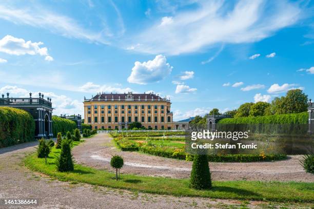 back view of the famous schonbrunn palace from a public accessible garden on a sunny day - schönbrunn palace stock pictures, royalty-free photos & images