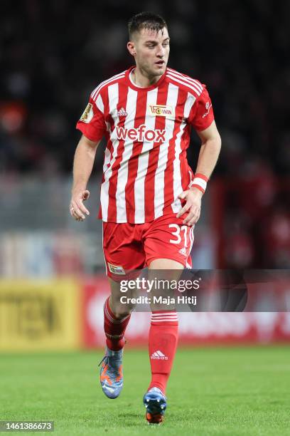 Robin Knoche of 1. FC Union Berlin reacts during the DFB Cup round of 16 match between 1. FC Union Berlin and VfL Wolfsburg at Stadion an der alten...