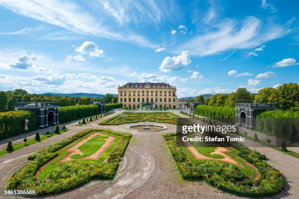 back view of the famous schonbrunn palace from a public accessible garden on a sunny day - schonbrunn palace stock pictures, royalty-free photos & images