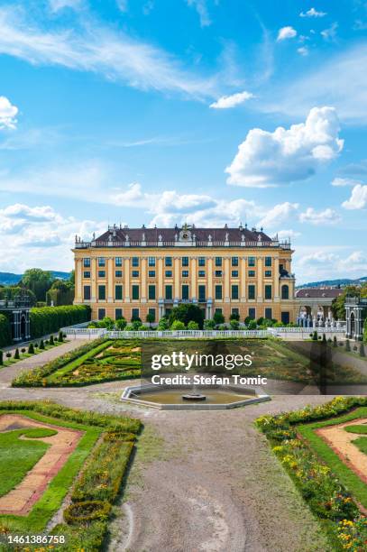 rückansicht des berühmten schlosses schönbrunn von einem öffentlich zugänglichen garten an einem sonnigen tag - look back at garden cities stock-fotos und bilder