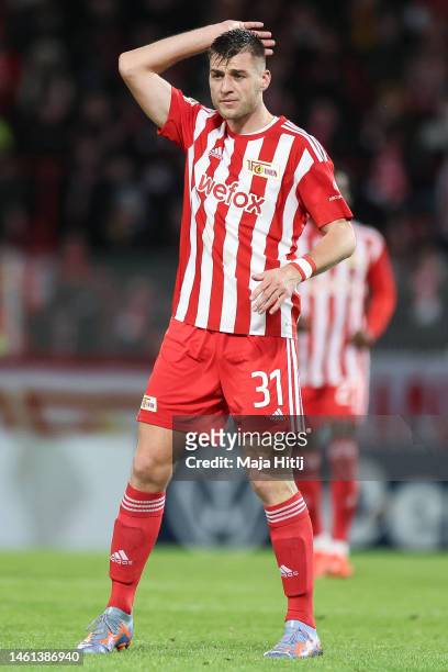 Robin Knoche of 1. FC Union Berlin reacts during the DFB Cup round of 16 match between 1. FC Union Berlin and VfL Wolfsburg at Stadion an der alten...