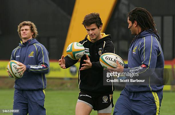 Trent Cotchin of the Richmond Tigers AFL team and Saia Faingaa of the Wallabies pass rugby balls during an Australian Wallabies fan day at Punt Road...