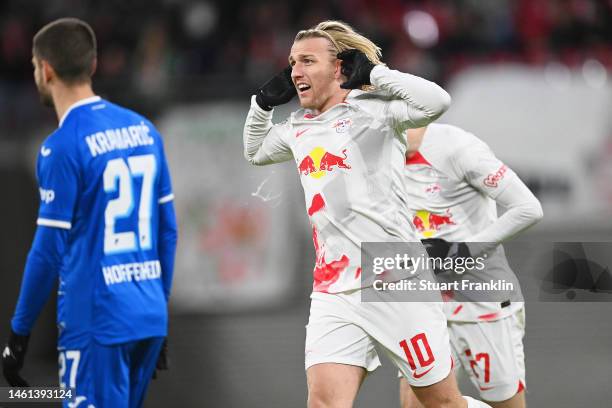 Emil Forsberg of RB Leipzig celebrates the team's first goal during the DFB Cup round of 16 match between RB Leipzig and TSG Hoffenheim at Red Bull...