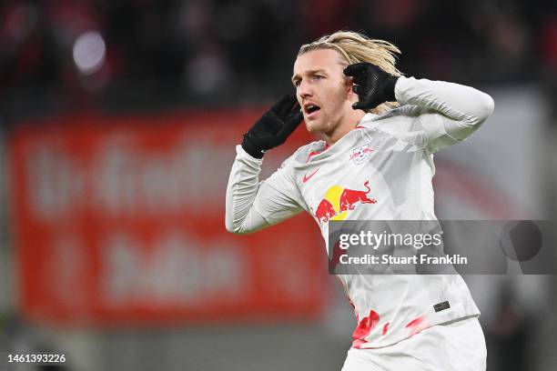 Emil Forsberg of RB Leipzig celebrates the team's first goal during the DFB Cup round of 16 match between RB Leipzig and TSG Hoffenheim at Red Bull...