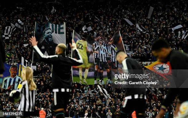 Newcastle United fans display flags and banners as theri team walk out ahead of the Carabao Cup Semi Final 2nd Leg match between Newcastle United and...