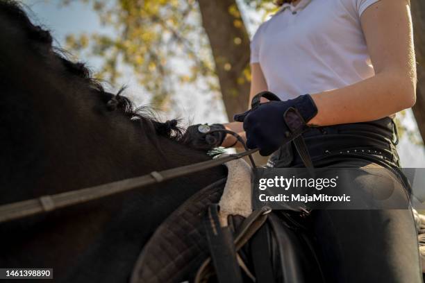 close up of brown horse running with teenage rider girl, - reins stock pictures, royalty-free photos & images