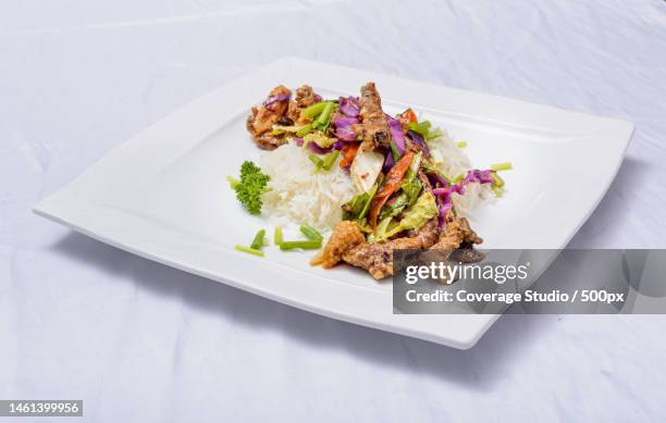 high angle view of food in plate on table,maldives - chicken tandoori stock pictures, royalty-free photos & images