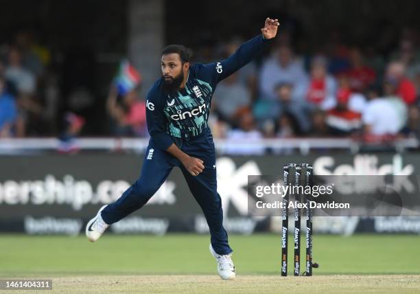 England bowler Adil Rashid in bowling action during the 3rd ODI match between South Africa and England at De Beers Diamond Oval on February 01, 2023...