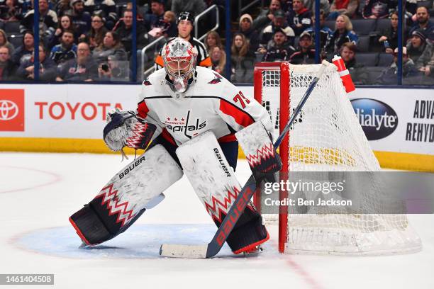 Goaltender Charlie Lindgren of the Washington Capitals defends the net during the third period of a game against the Columbus Blue Jackets at...
