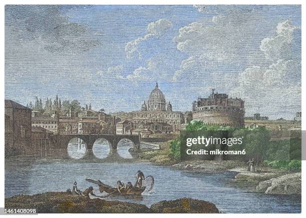 old engraved illustration of mausoleum of hadrian, castel sant'angelo - towering cylindrical building in parco adriano, rome, italy - old angelo stock pictures, royalty-free photos & images