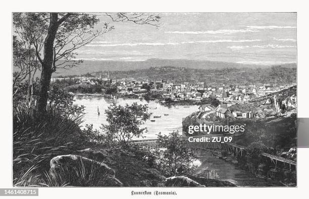 historical view of launceston, tasmania, australia, wood engraving, published 1899 - colony stock illustrations