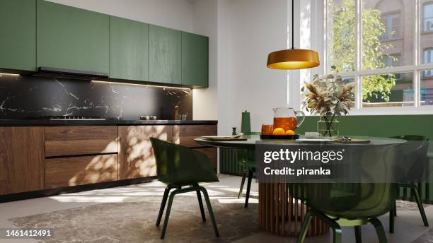 modern green kitchen - cozy kitchen stockfoto's en -beelden