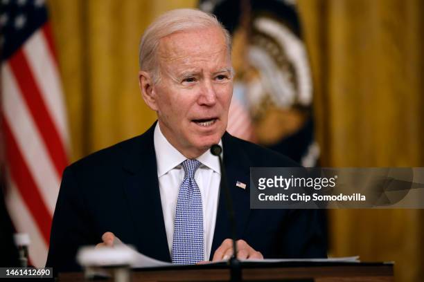 President Joe Biden delivers opening remarks during a meeting of the White House Competition Council in the East Room on February 01, 2023 in...