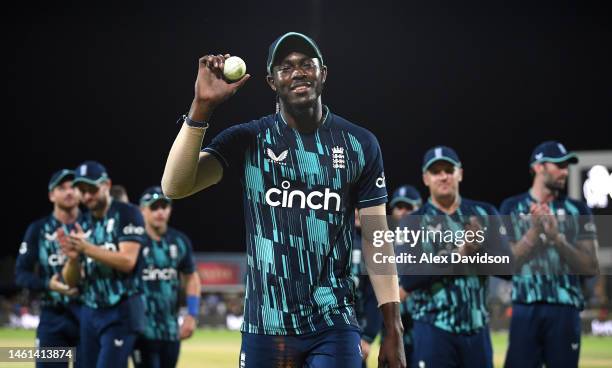 England bowler Jofra Archer leads the team off after taking 6 wickets in the innings during the 3rd ODI match between South Africa and England at De...