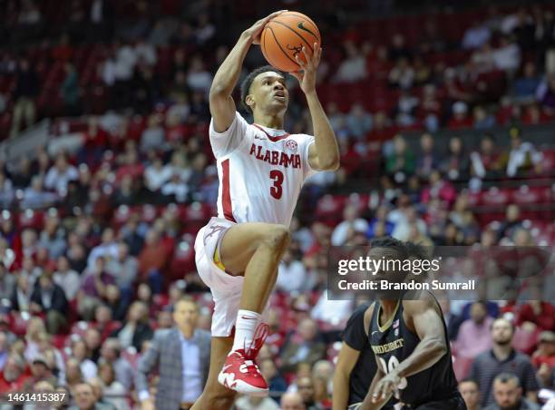 Rylan Griffen of the Alabama Crimson Tide drives to the basket during the second half against the Vanderbilt Commodores at Coleman Coliseum on...