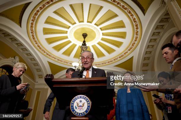 Senate Majority Leader Chuck Schumer speaks to reporters after a weekly luncheon with Senate Democrats on February 01, 2023 in Washington, DC. During...
