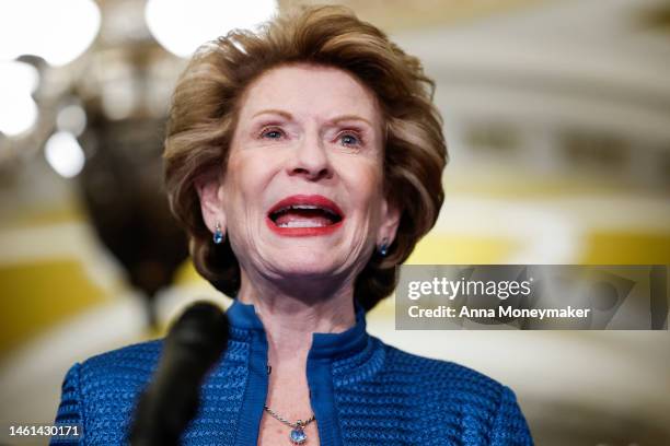 Sen. Debbie Stabenow speaks to reporters after a weekly luncheon with Senate Democrats on February 01, 2023 in Washington, DC. During the press...