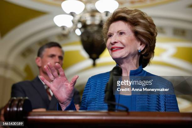 Sen. Debbie Stabenow speaks to reporters after a weekly luncheon with Senate Democrats on February 01, 2023 in Washington, DC. During the press...
