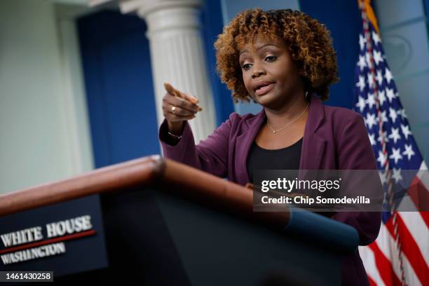 White House Press Secretary Karine Jean-Pierre holds the daily news conference in the Brady Press Briefing Room at the White House on February 01,...